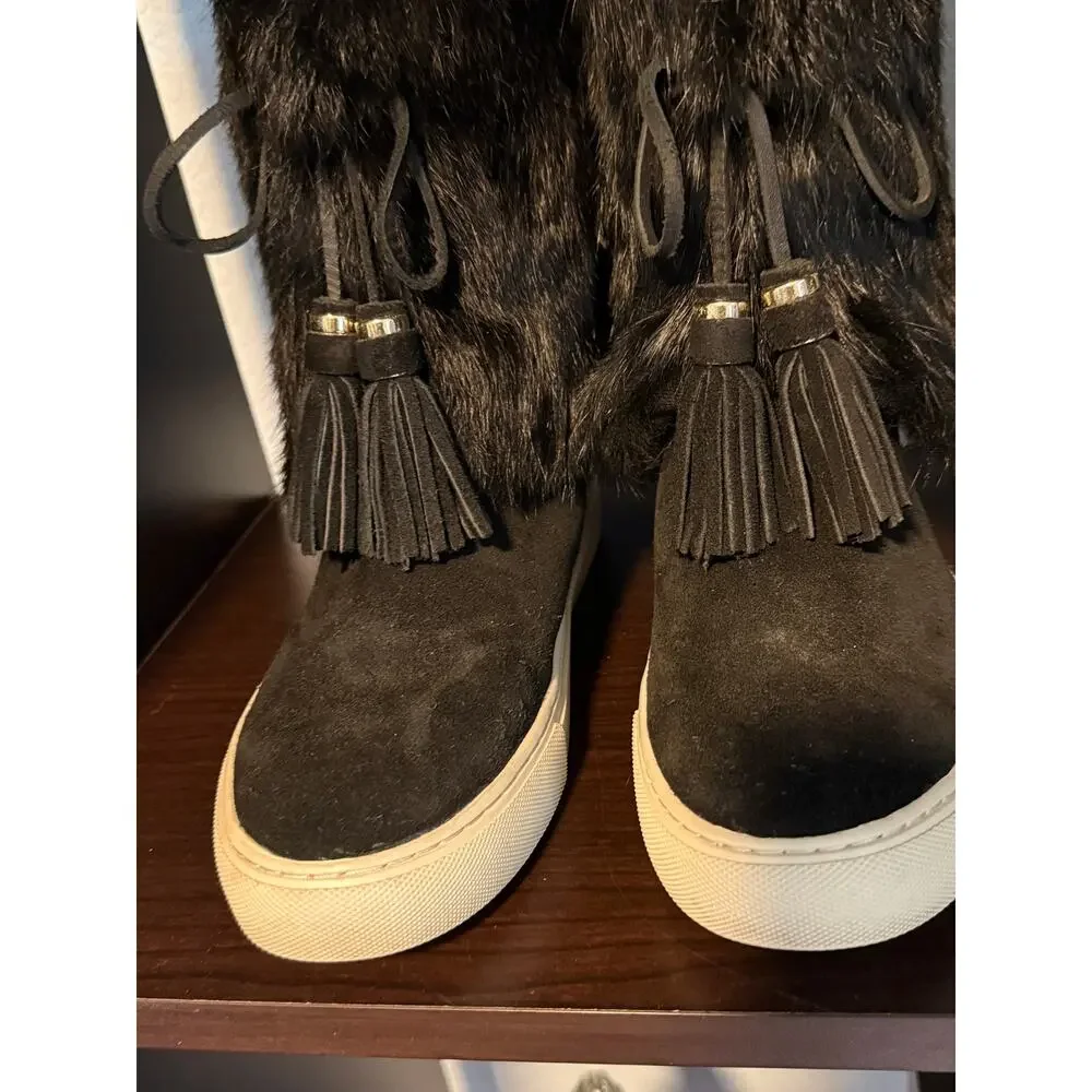Tory Burch Black Rabbit Fur Suded Angelica Sneaker Boot - Size 8